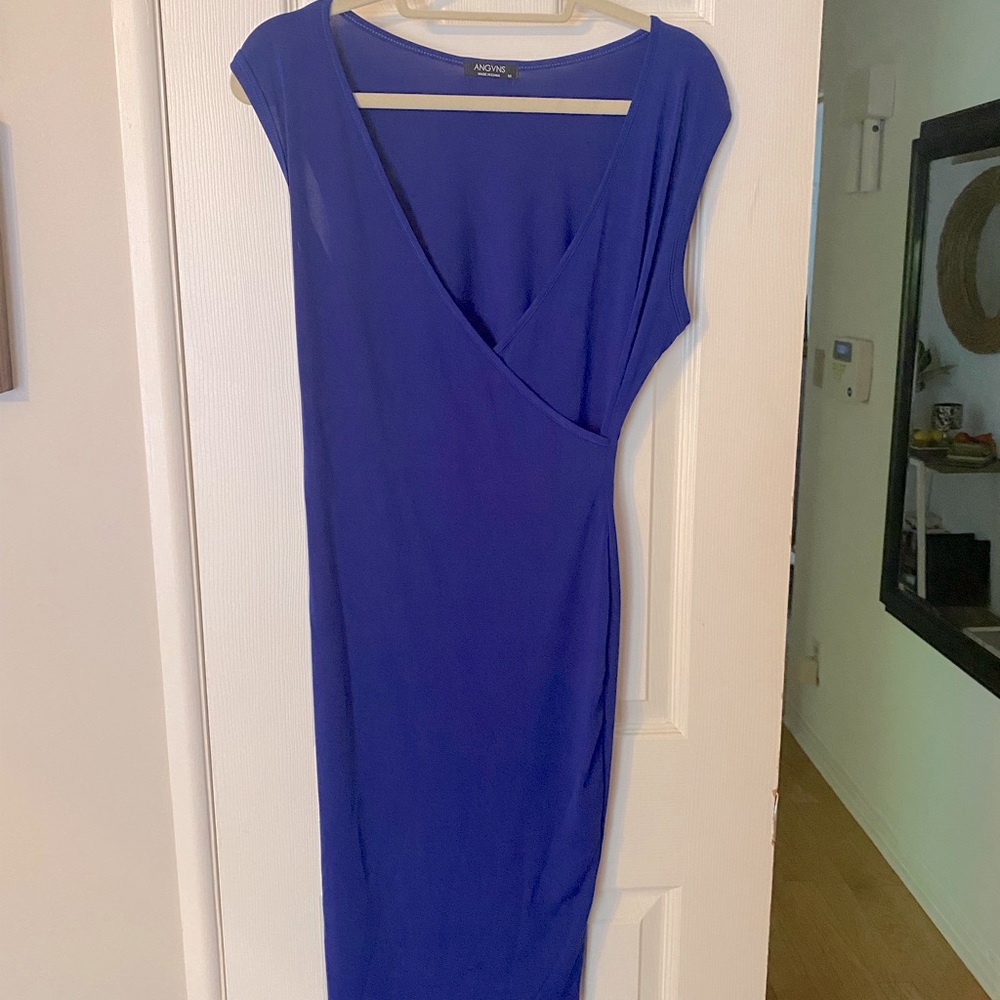 Royal blue wrap-look dress with belt. Size M
